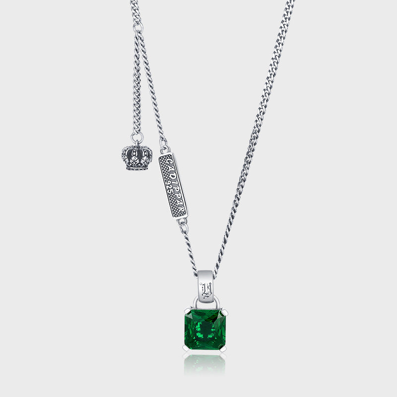 Crown Charm Emerald Necklace — 925 Silver Sweater Chain