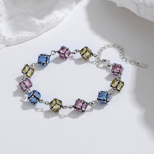 Zircon Glass Bead Bracelet — 925 Silver Rose & Sky Blue