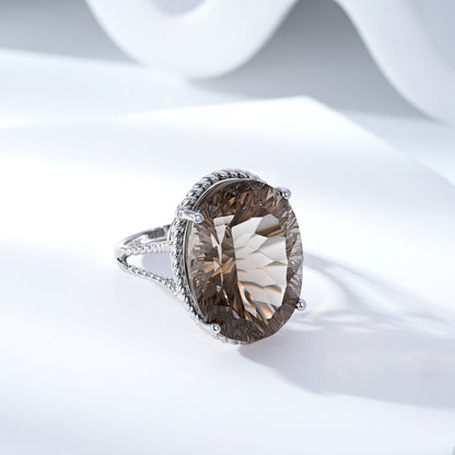 Smoky Tea Crystal Ring — 925 Silver Luxury Inlaid