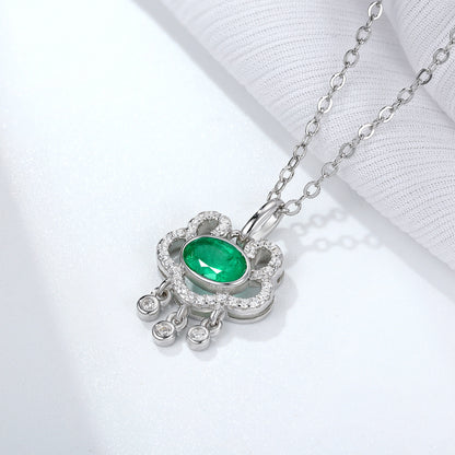 Emerald Auspicious Lock Pendant — 925 Silver Necklace