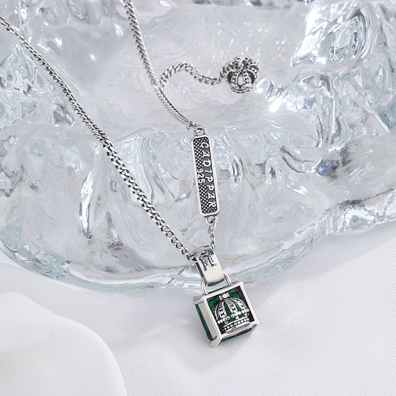 Crown Charm Emerald Necklace — 925 Silver Sweater Chain