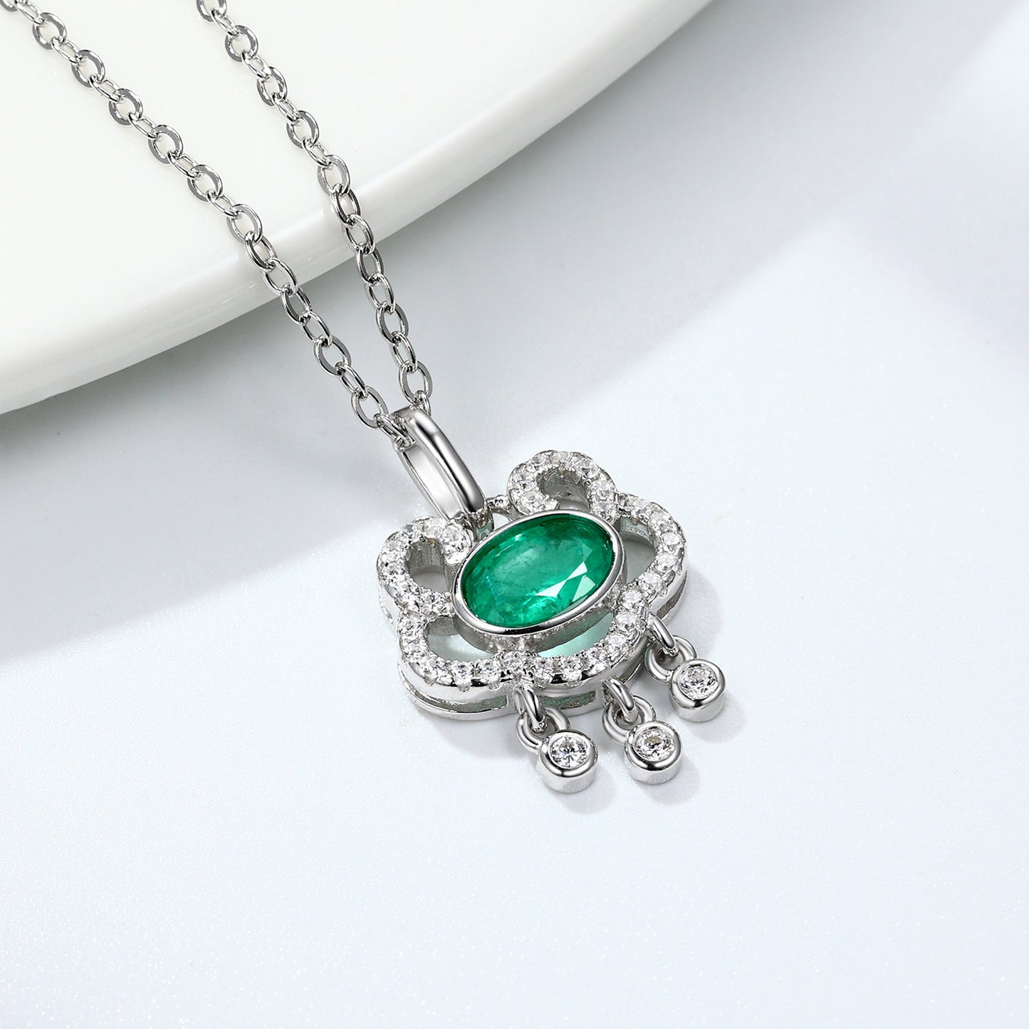 Emerald Auspicious Lock Pendant — 925 Silver Necklace