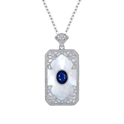 Engraved Sapphire Pendant — 925 Silver Vintage Necklace
