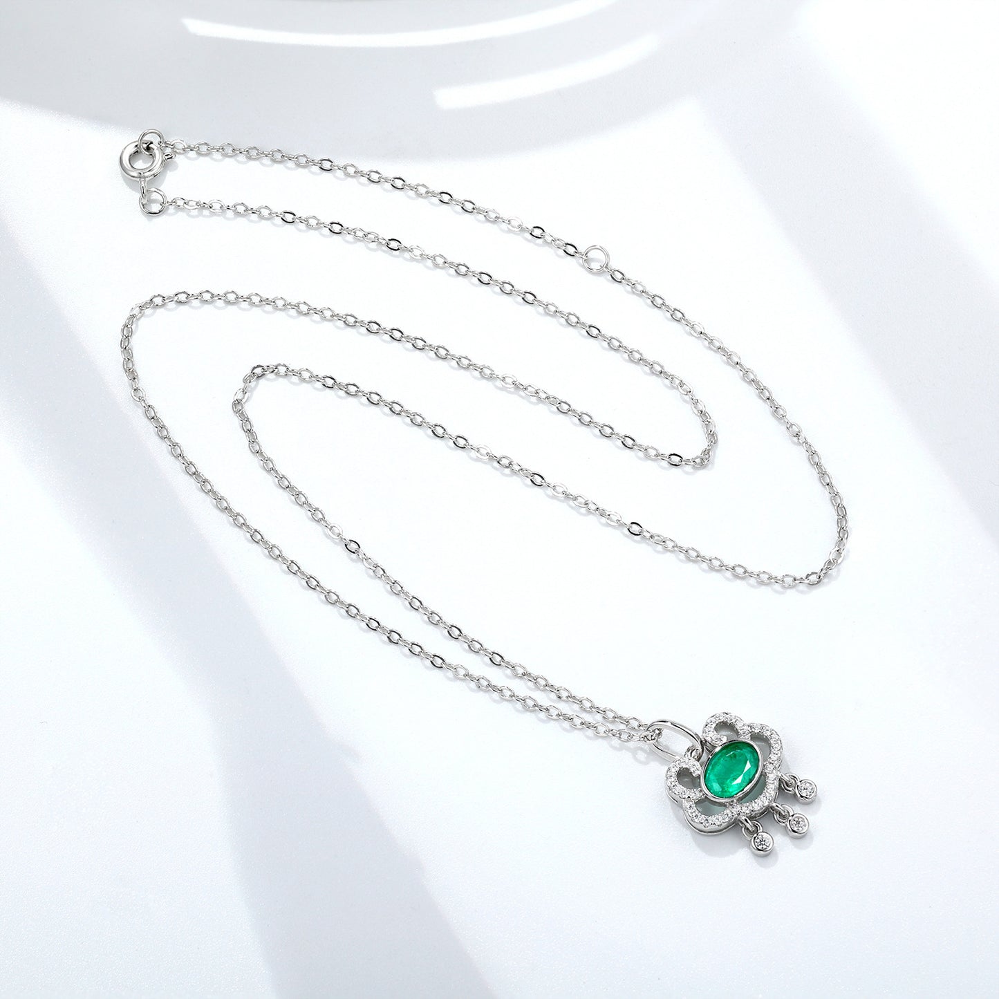 Emerald Auspicious Lock Pendant — 925 Silver Necklace