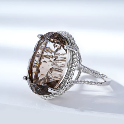 Smoky Tea Crystal Ring — 925 Silver Luxury Inlaid