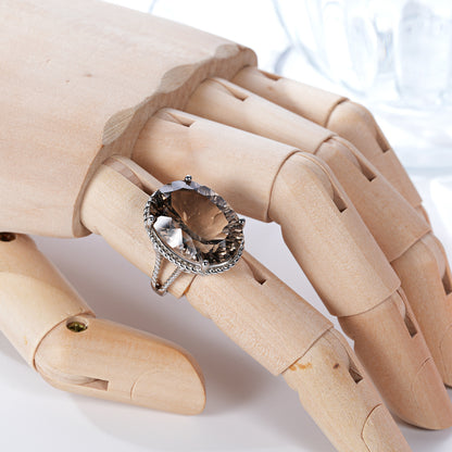 Smoky Tea Crystal Ring — 925 Silver Luxury Inlaid