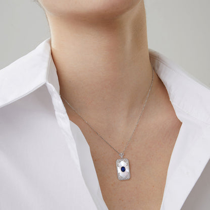 Engraved Sapphire Pendant — 925 Silver Vintage Necklace