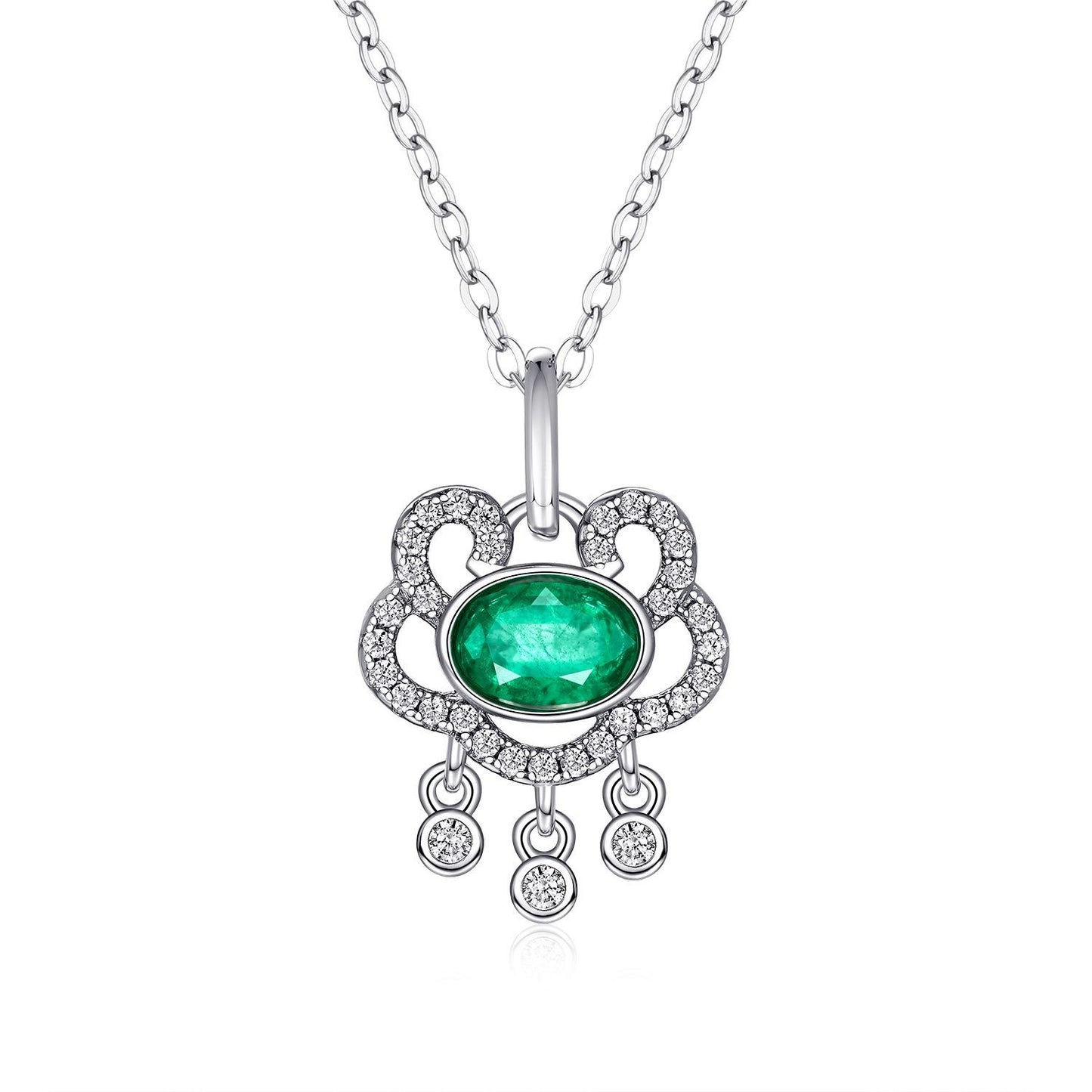 Emerald Auspicious Lock Pendant — 925 Silver Necklace