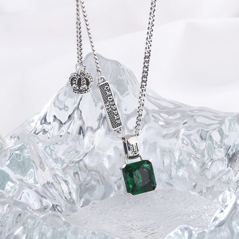 Crown Charm Emerald Necklace — 925 Silver Sweater Chain