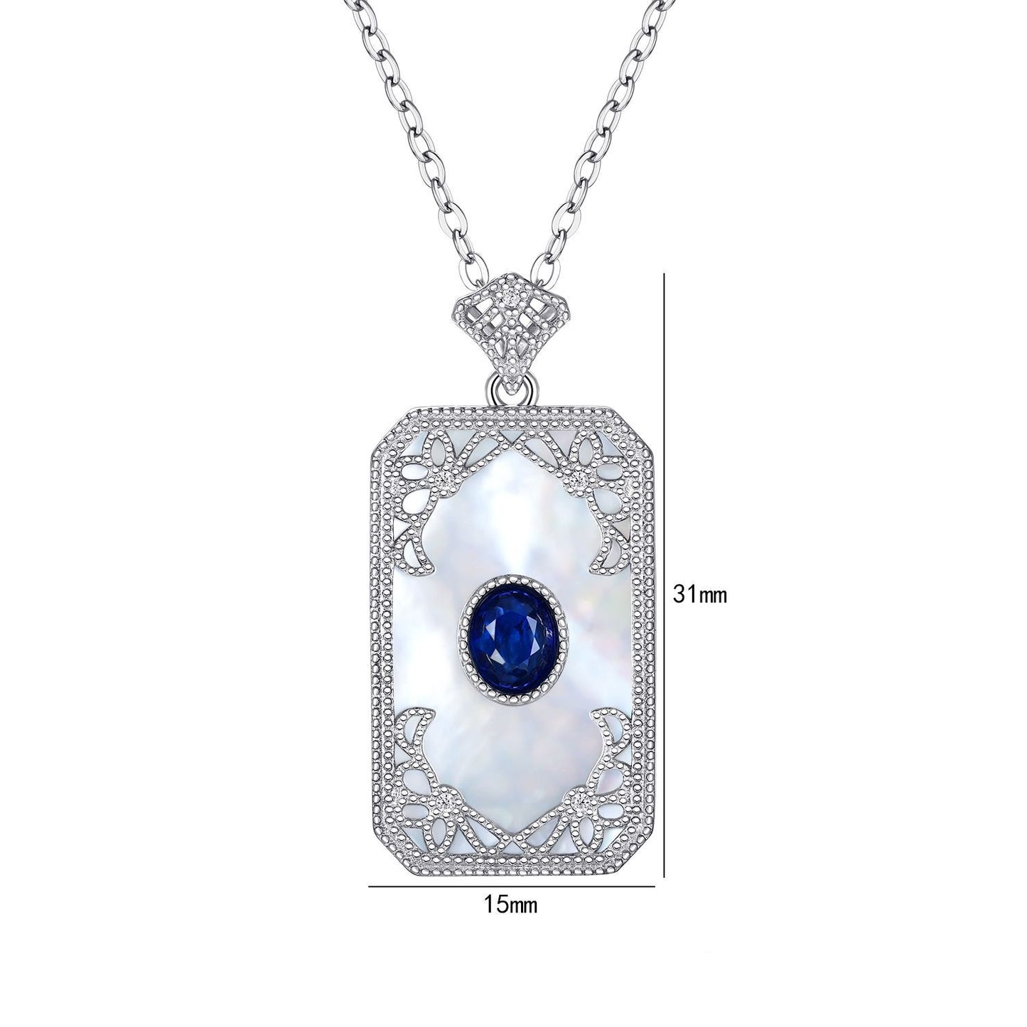 Engraved Sapphire Pendant — 925 Silver Vintage Necklace