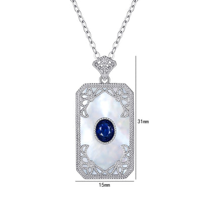Engraved Sapphire Pendant — 925 Silver Vintage Necklace